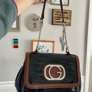 Guess Black and Brown Croc-Embossed Shoulder Bag